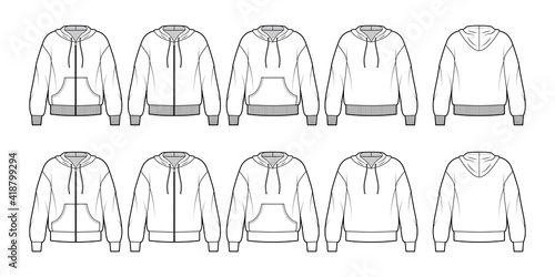 Set of Zip-up Hoody sweatshirt technical fashion illustration with long sleeves  oversized body  kangaroo pouch  knit cuff. Flat template front  back  white color. Women  men  unisex CAD mockup