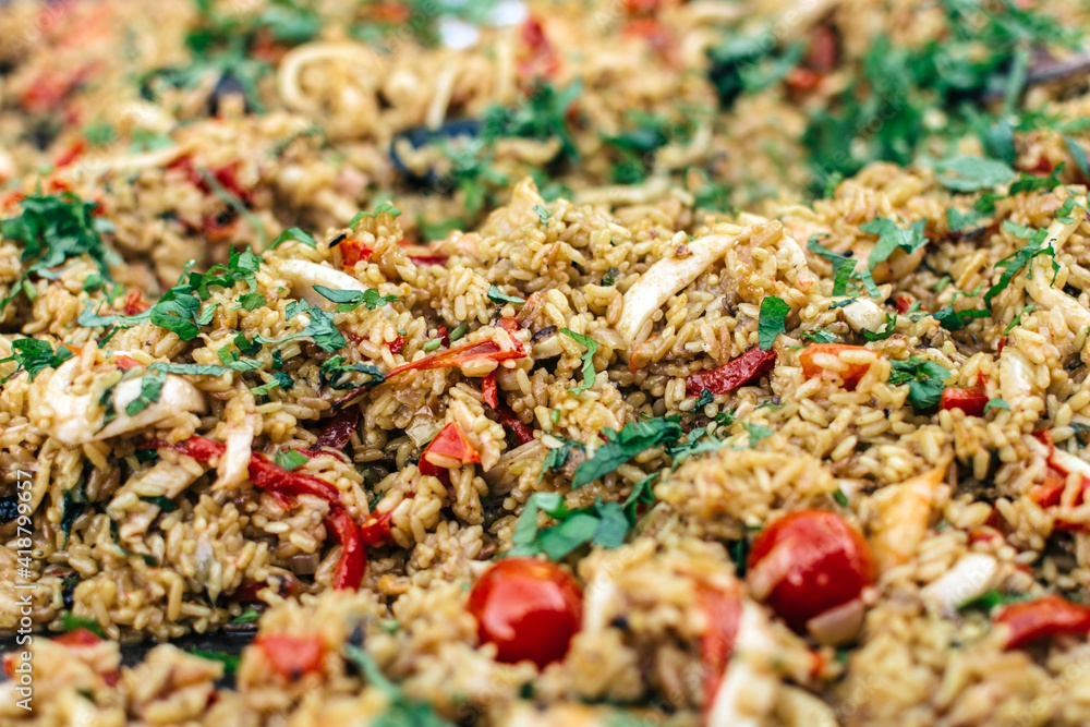 Dish of rice, herbs and vegetables close up Dish of rice, herbs and vegetables close up