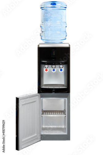 complete photo of black electric purified water dispenser with hot and cold water with refrigerator included and door open on a white background