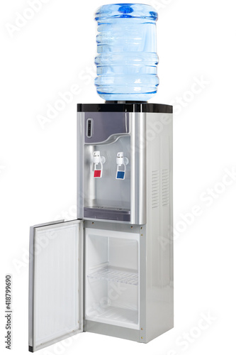 complete photo of silver electric purified water dispenser with hot and cold water with refrigerator included and door open on a white background