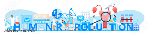 Human reproduction concept vector header. Reproductive concept vector. Medical healthcare genetic science technology, Center of reproductive medicine with tiny doctors for website