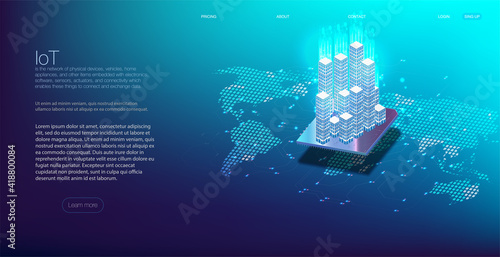 Internet of things (IoT) and networking concept for connected devices.  Spider web of network connections with on a futuristic blue background. Innovation sign. Digital design concept. IoT hologram
