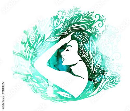 Profile of a beautiful girl in flowers and leaves. Mixed media. Picturesque drawing. Vector illustration