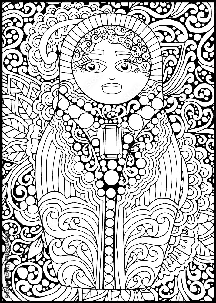black and white russian matreshka doll coloring page, postcard, illustration black and white russian matreshka doll coloring page, postcard, illustration