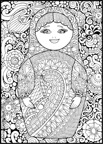 black and white russian matreshka doll coloring page, postcard, illustration