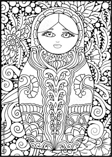 black and white russian matreshka doll coloring page, postcard, illustration