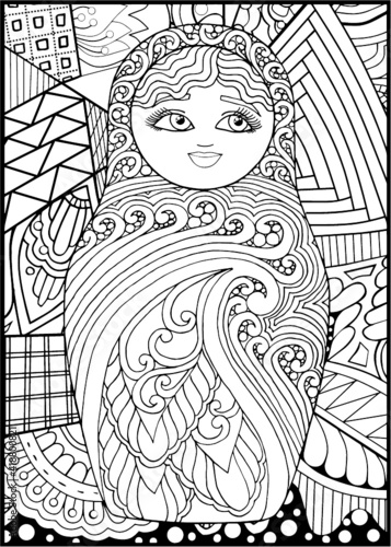 black and white russian matreshka doll coloring page, postcard, illustration