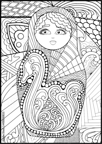 black and white russian matreshka doll coloring page, postcard, illustration