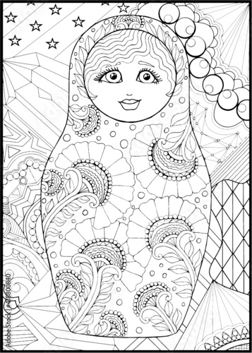 black and white russian matreshka doll coloring page, postcard, illustration
