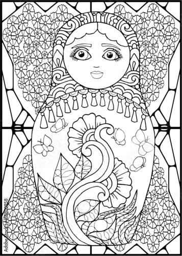 black and white russian matreshka doll coloring page, postcard, illustration