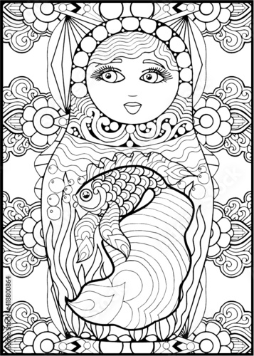 black and white russian matreshka doll coloring page, postcard, illustration