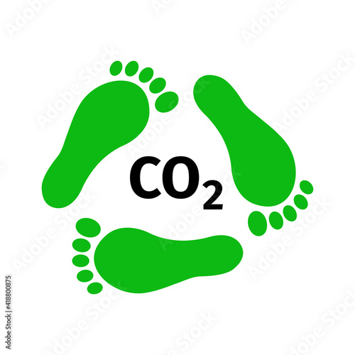 Reducing carbon footprint concept. Green footprints in form of recycling symbol and C02 sign. Environmental problems and solutions icon. Vector flat illustration.