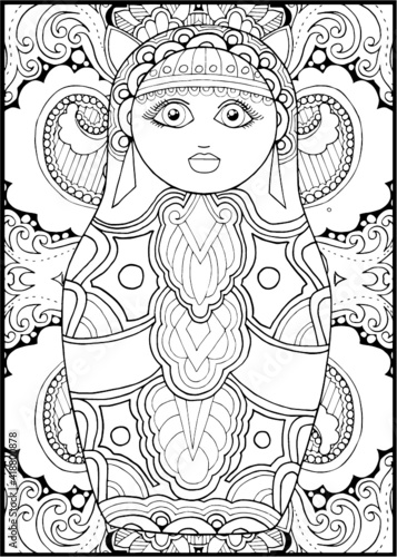 black and white russian matreshka doll coloring page, postcard, illustration
