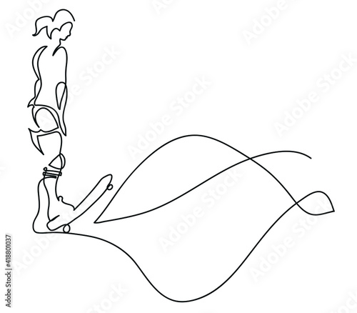One line drawing of skater woman.
One continuous line drawing of woman riding her longboard.