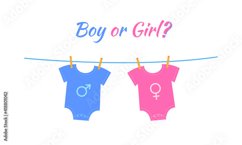 Baby boy and girl bodysuits with gender signs hanging on the rope. Gender reveal party invitation card or banner. He or she concept. Vector flat illustration.