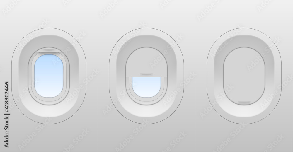Obraz premium Airplane windows oval shaped in realistic style. Plane, jet interior elements open, half-closed, closed.