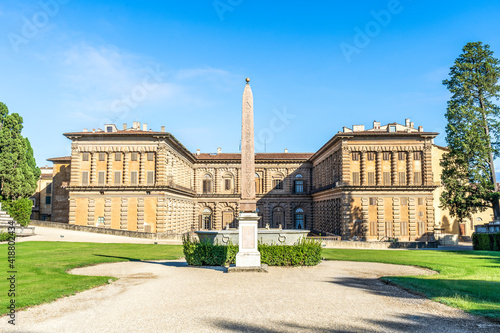 Exterior view of the back façade of Pitti Palace, facing the amphitheatrum, seen from Boboli Gardens, Florence, Tuscany region, Italy photo