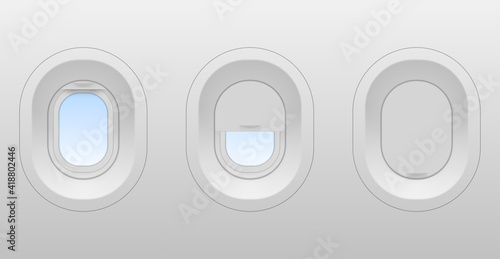 Airplane windows oval shaped in realistic style. Plane, jet interior elements open, half-closed, closed.