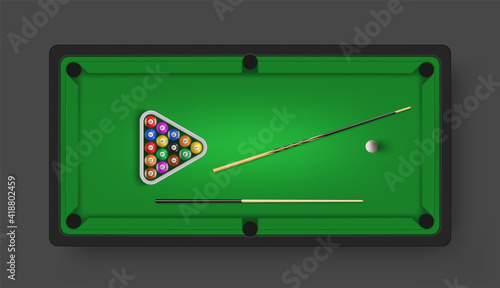 Billiard table with balls, cues, triangle rack in realistic style. Cuesports equipment.