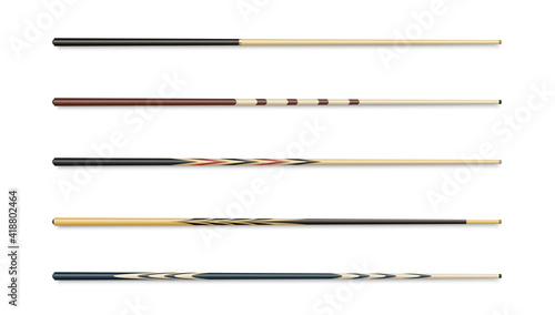 Cues for billiard, snooker realistic templates set . Wooden sticks with various design for cuesports.