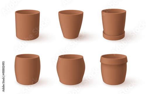 Flower clay pots various shaped realistic earthenware set. Crockery assortment.