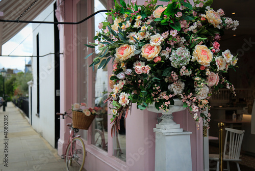 flower in front of pink house photo