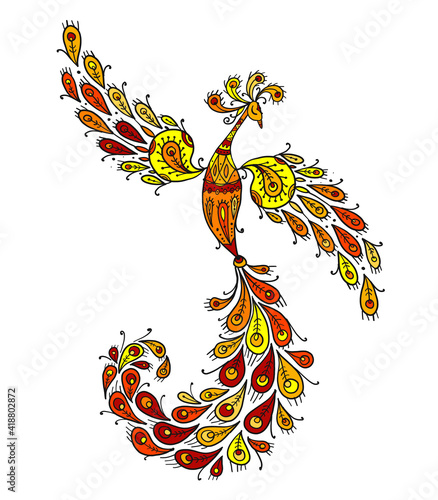 Firebird with a Majestic Tail. Phoenix Bird. Mythical character. Ornamental Silhouette for your design