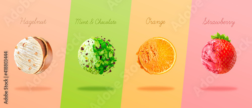 Scoops of ice cream with pieces of hazelnut, mint and chocolate, orange and strawberry