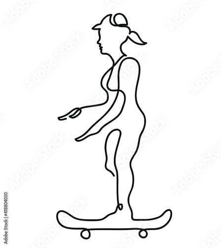 One line drawing of skater woman.
One continuous line drawing of woman riding her longboard