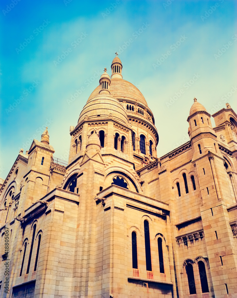 Looking up at the domes of Sacre Coeur, Montmartre, Paris, France, from the southeastern corner