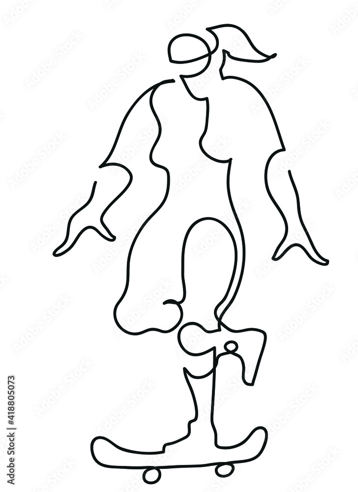 One line drawing of skater woman.
One continuous line drawing of woman riding her longboard. One line drawing of skater woman.
One continuous line drawing of woman riding her longboard.