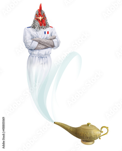 génie, poule , servir, magie, lampe d'Aladin, bleu, restauration, maitre d'hôtel, barbe blanche, présentation, sympa, oriental, mille et une nuit, content, costume, cadeau, dessin animé, drôle, joyeux photo