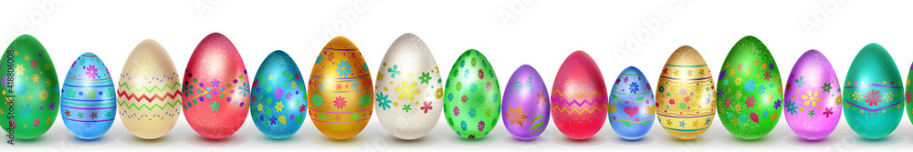 Banner made of realistic Easter eggs in various colors with holiday symbols, glares and shadows on white background with seamless horizontal repetition - obrazy, fototapety, plakaty 