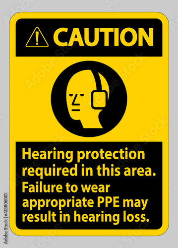 Caution Sign Hearing Protection Required In This Area, Failure To Wear Appropriate PPE May Result In Hearing Loss