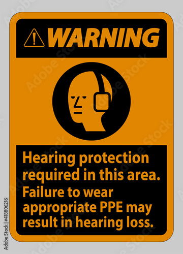 Warning Sign Hearing Protection Required In This Area, Failure To Wear Appropriate PPE May Result In Hearing Loss