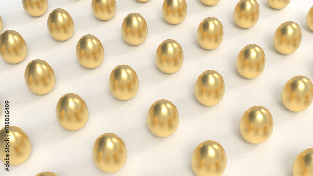 Flat lay pattern of golden Easter eggs. Spring holiday concept. 3D rendering Flat lay pattern of golden Easter eggs. Spring holiday concept. 3D rendering