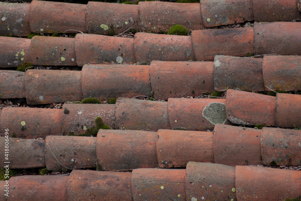 Top view texture of old tiles. Building material. Obsolete material. Top view texture of old tiles. Building material. Obsolete material.