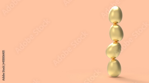 3D render of Easter golden eggs standing one on top of the other on orange background. Spring holiday concept