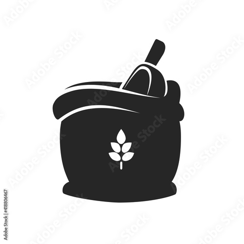 Silhouette sack of wheat flour with scoop designed for grain farming industry modern vector illustration. Icon.