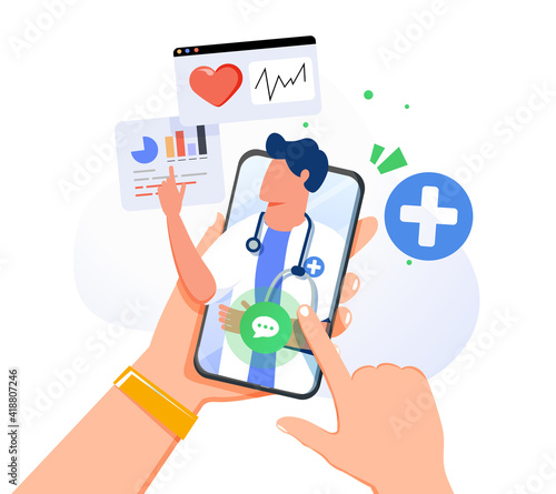 Hands Holding Smartphone with Video Call on Screen. Patient having Online Conversation with Doctor. Modern Health Care.