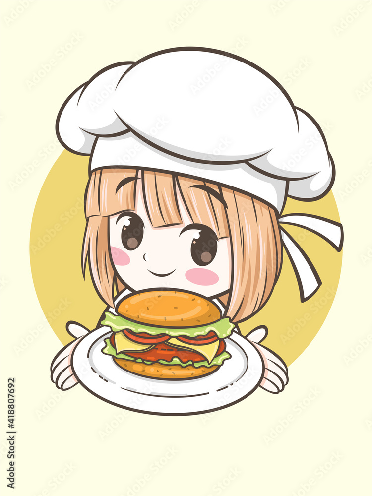 cute chef girl holding a burger. fast food logo illustration concept cute chef girl holding a burger. fast food logo illustration concept