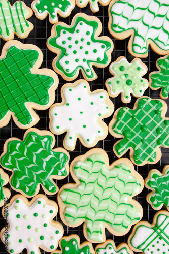 Four leaf clover sugar cookies decorated for St. Patrick's Day