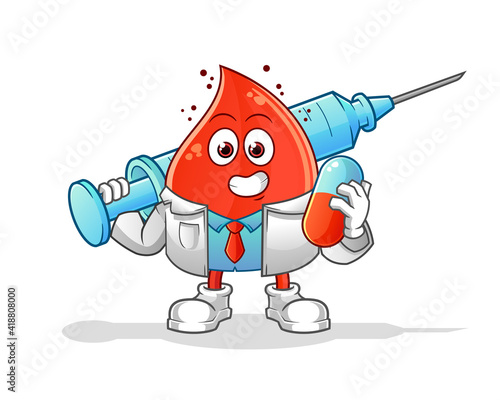 blood drop doctor holding medichine and injection vector. cartoon character