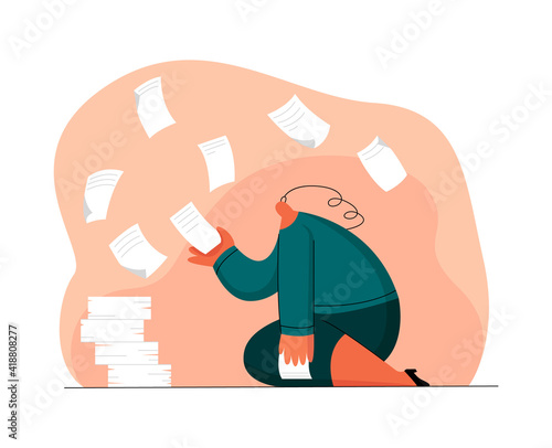 Vector flat illustration tired woman, office worker, dealing with documents. Concept of work overload, business, apathy, workspace, laziness, reduced motivation, procrastination.