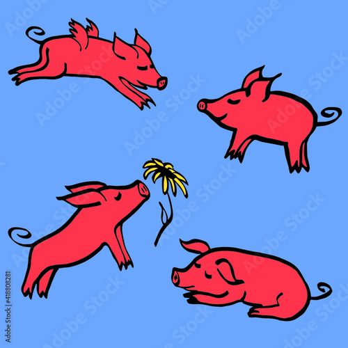 Set of hand drawn cartoon sketches of cute funny pig characters. Vector illustration pink coral on blue background