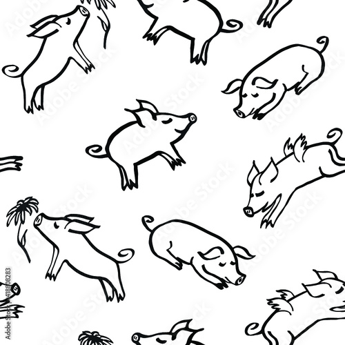 Seamless pattern of hand drawn cartoon sketches of cute funny pig characters. 2019 new year symbol. Vector illustration isolated black on white background