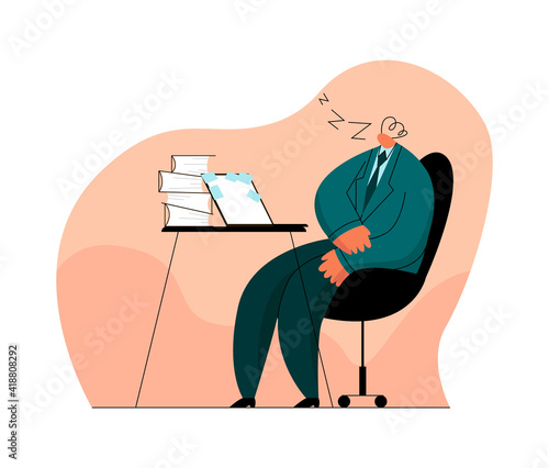 Vector flat illustration with man, office worker, businessman who fell asleep from fatigue at workplace. Concept of business, procrastination, work overload, laziness, reduced motivation.