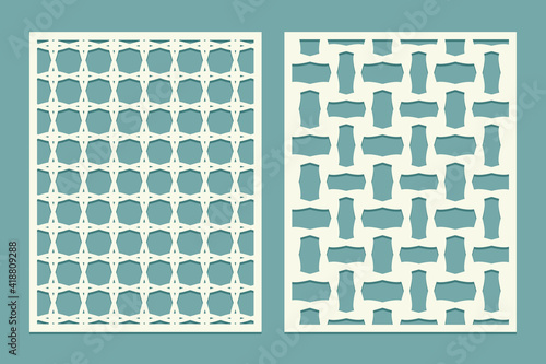 Die and laser cut screen panels with tile geometric pattern. Laser cutting decorative borders patterns. Set of cover greeting card templates.
