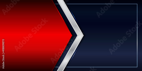 Banner template red shiny and silver metallic triangle header on blue background luxury style