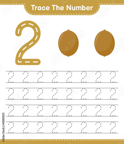 Trace the number. Tracing number with Kiwi. Educational children game, printable worksheet, vector illustration